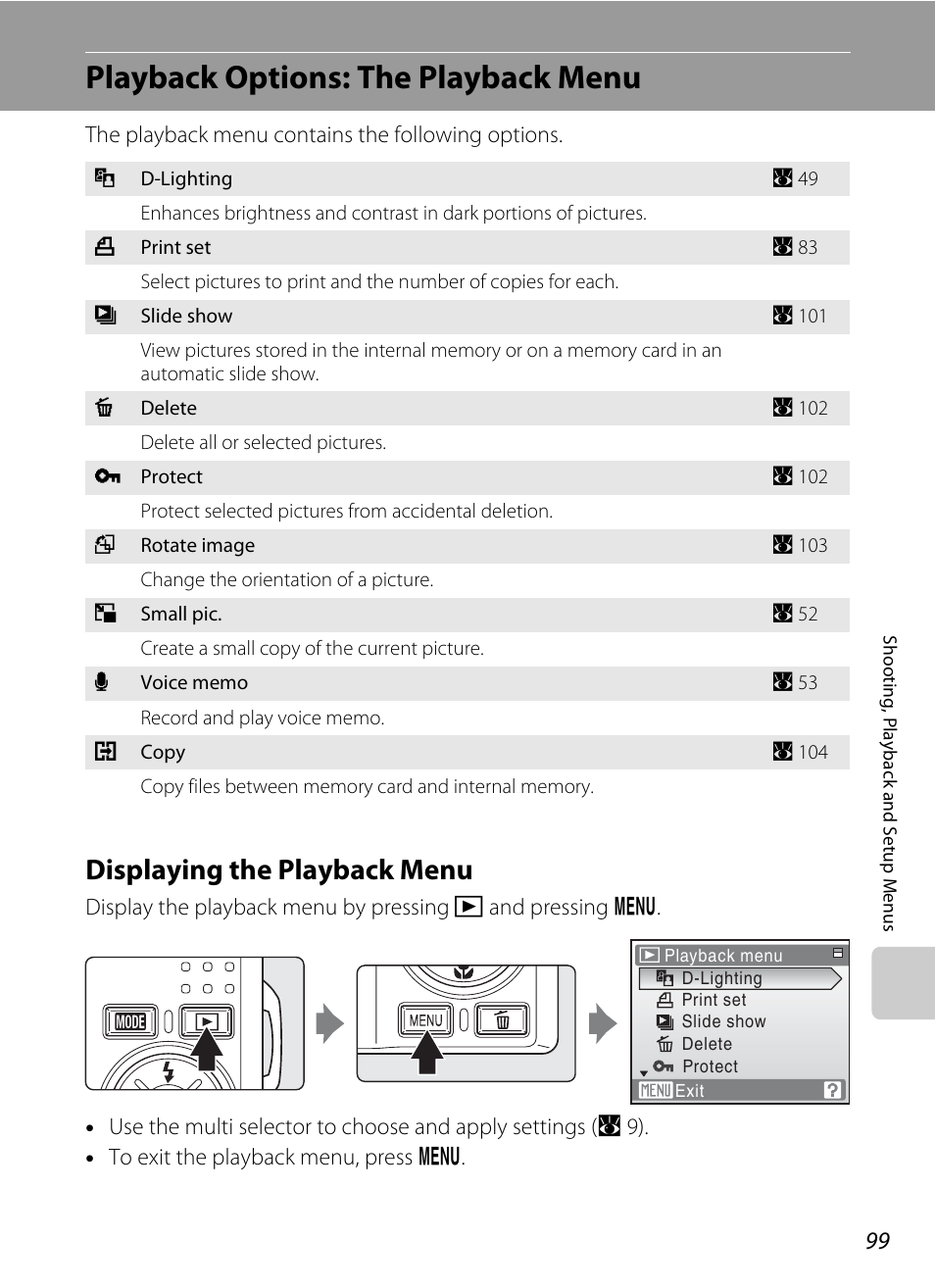 Playback options: the playback menu, Displaying the playback menu | Nikon S550 User Manual | Page 111 / 164