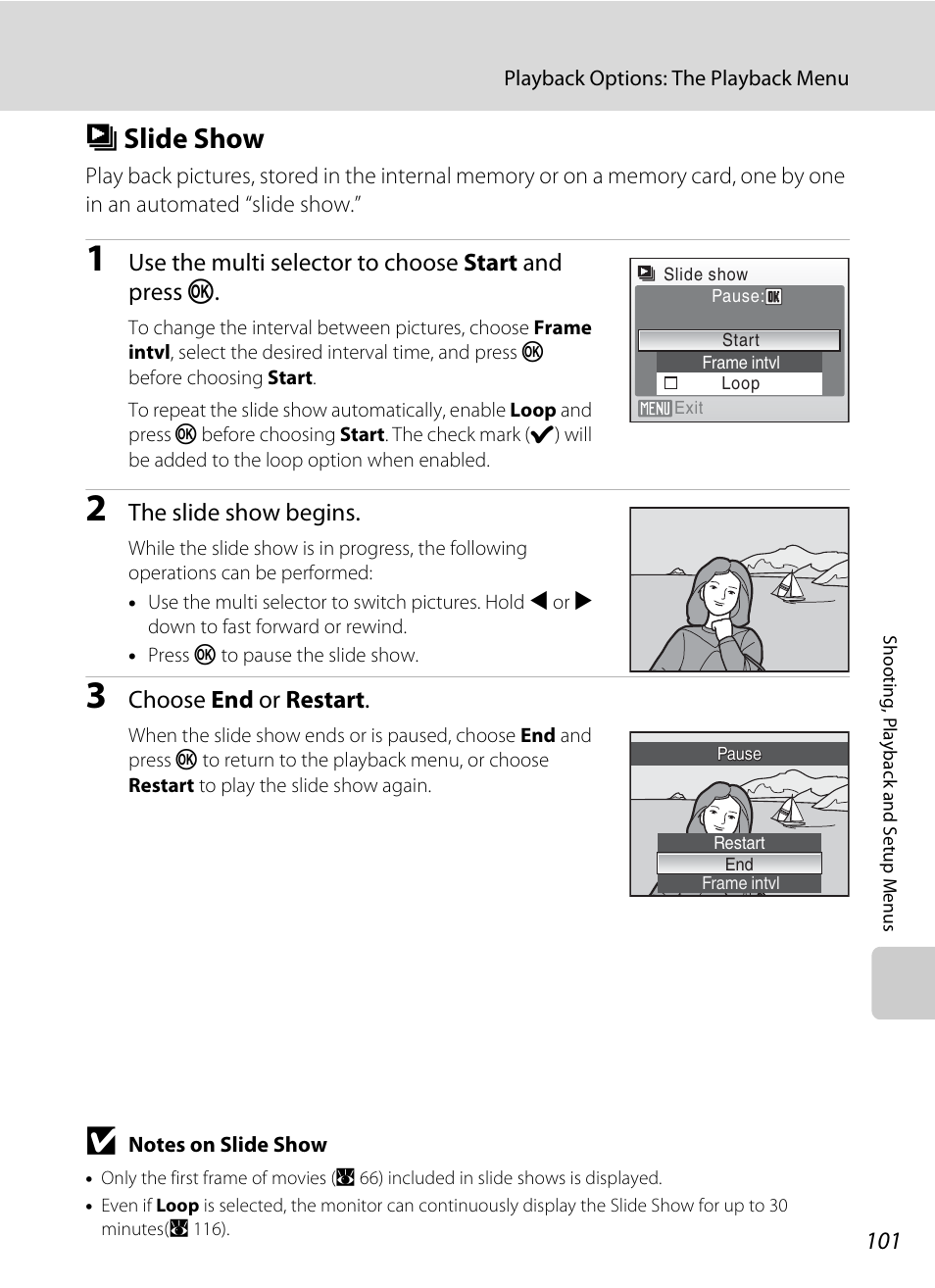 Slide show, B slide show, A 101 | Nikon S550 User Manual | Page 113 / 164