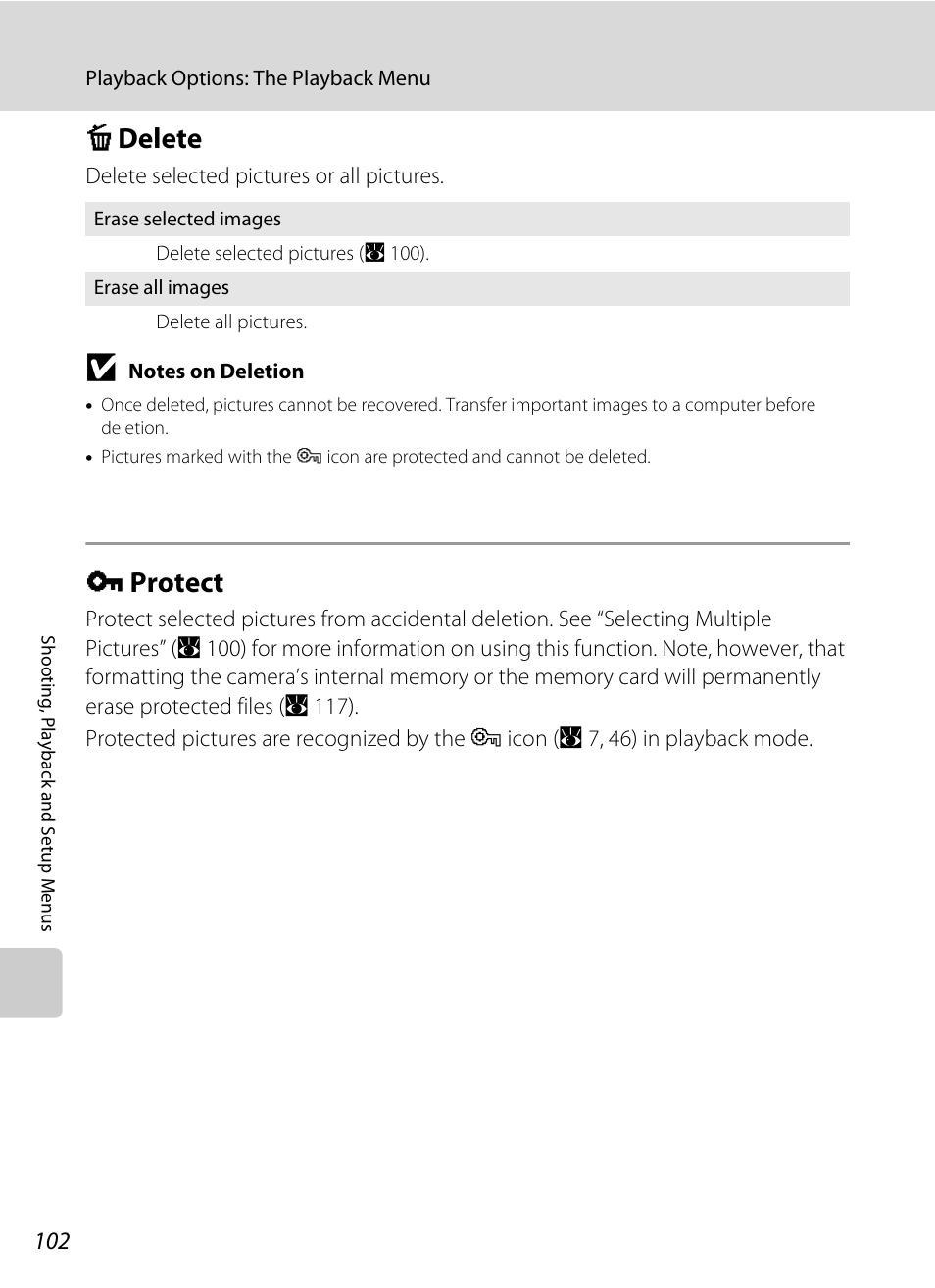 Delete, Protect, C delete d protect | A 102) are, A 102), A 102, C delete, D protect | Nikon S550 User Manual | Page 114 / 164