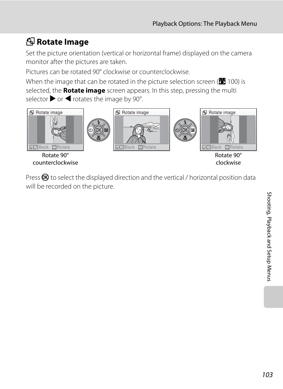 Rotate image, F rotate image, A 103) | A 103, A 103), pict | Nikon S550 User Manual | Page 115 / 164