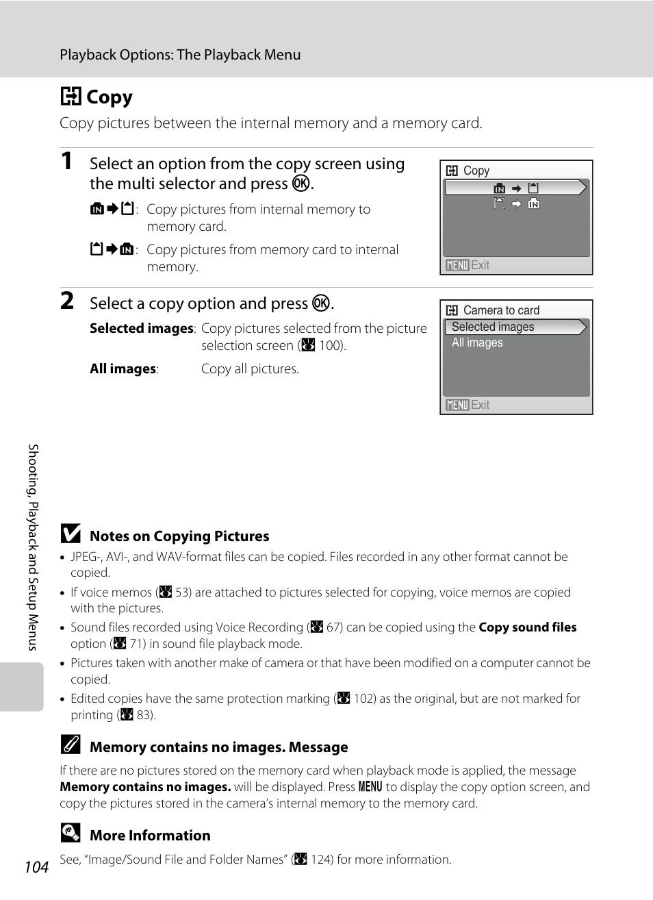 Copy, H copy, A 104 | A 104), Select a copy option and press k | Nikon S550 User Manual | Page 116 / 164