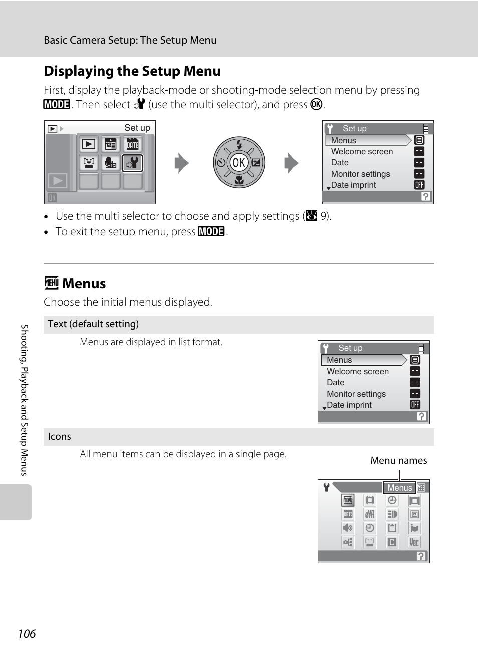 Displaying the setup menu, Menus, Displaying the setup menu a menus | A 106, A menus | Nikon S550 User Manual | Page 118 / 164