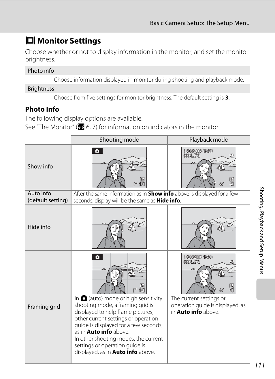 Monitor settings, E monitor settings, A 111) | A 111, Photo info | Nikon S550 User Manual | Page 123 / 164