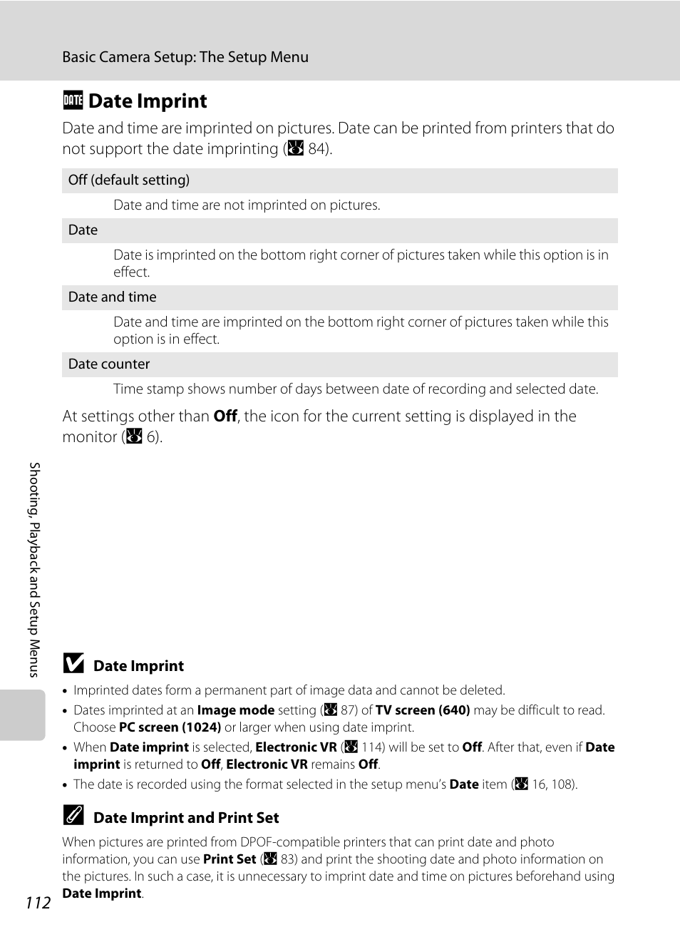 Date imprint, F date imprint, A 112) | A 112 | Nikon S550 User Manual | Page 124 / 164