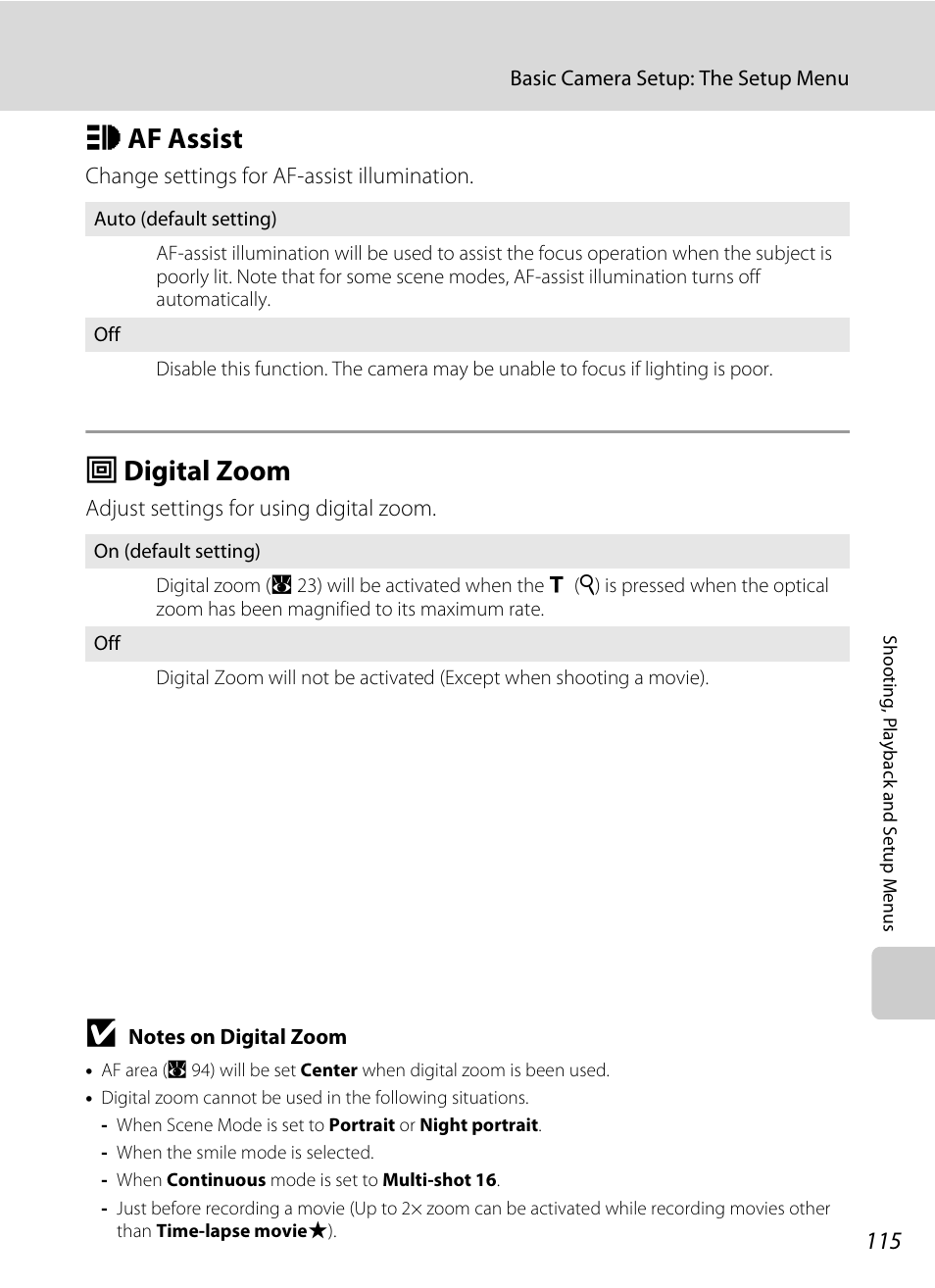 Af assist, Digital zoom, H af assist u digital zoom | A 115), A 115, H af assist, U digital zoom | Nikon S550 User Manual | Page 127 / 164