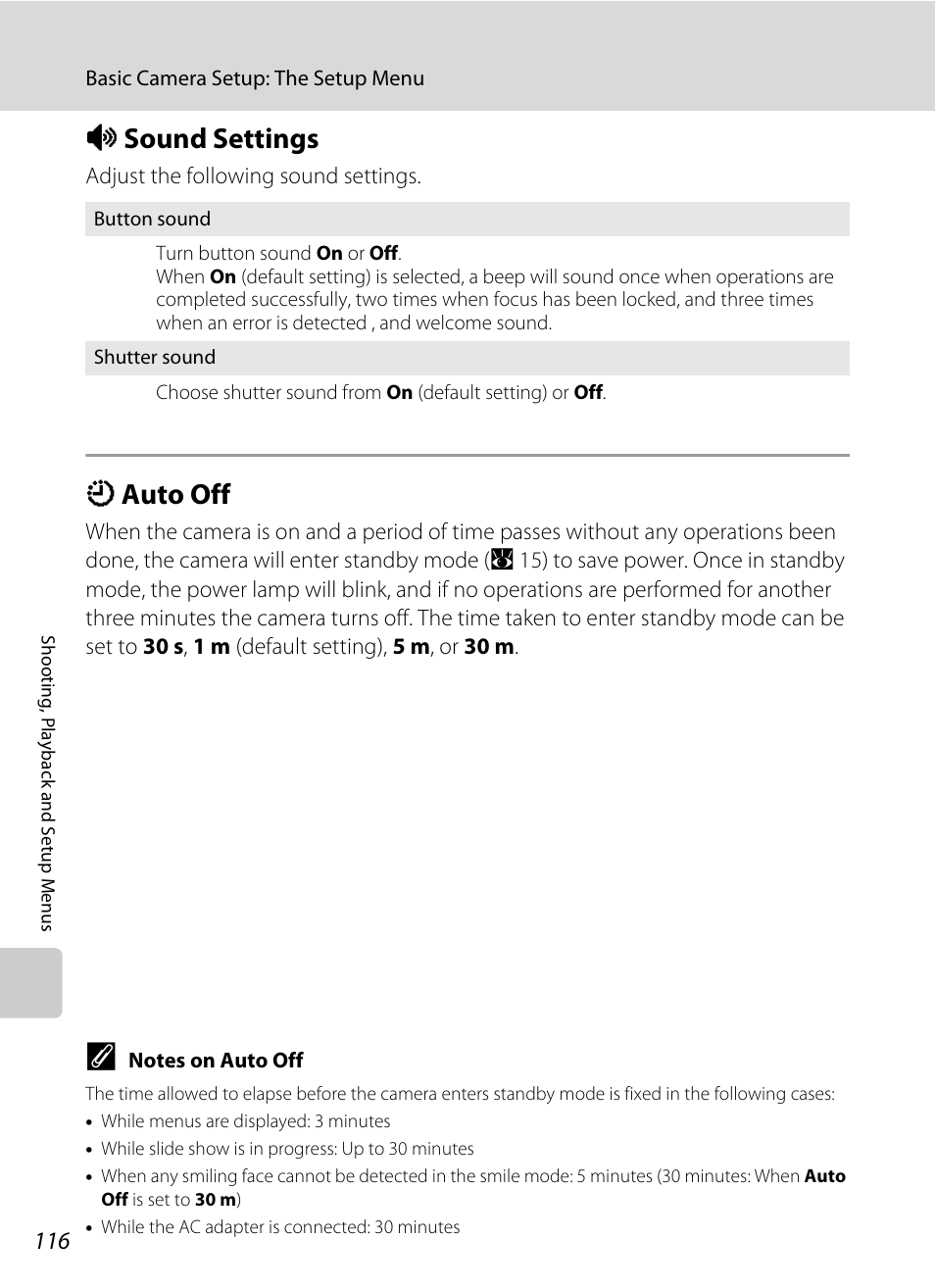 Sound settings, Auto off, I sound settings k auto off | A 116), A 116, I sound settings, K auto off | Nikon S550 User Manual | Page 128 / 164