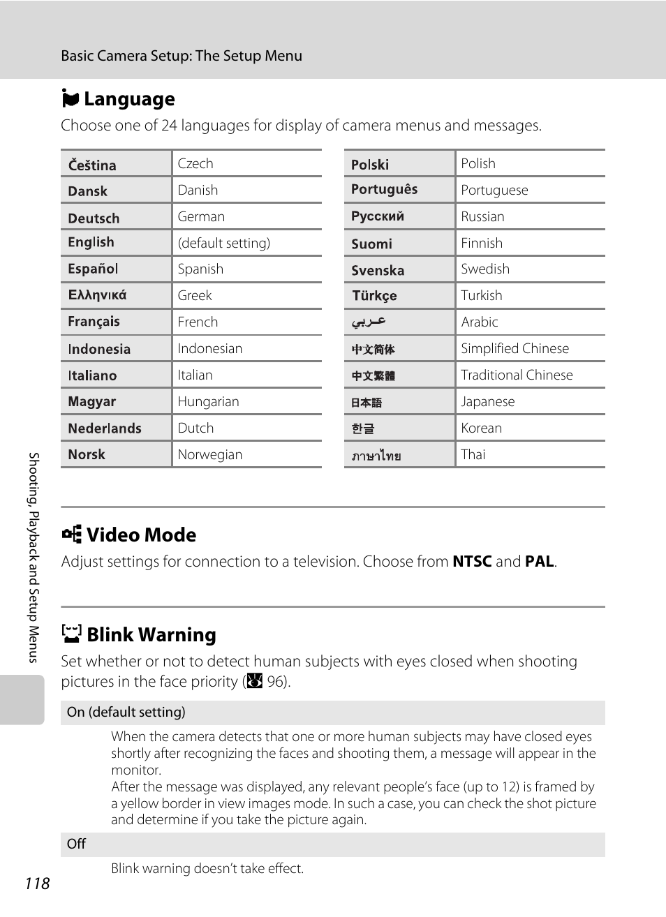 Language, Video mode, Blink warning | N language o video mode d blink warning, A 118), A 118, N language, O video mode, D blink warning | Nikon S550 User Manual | Page 130 / 164
