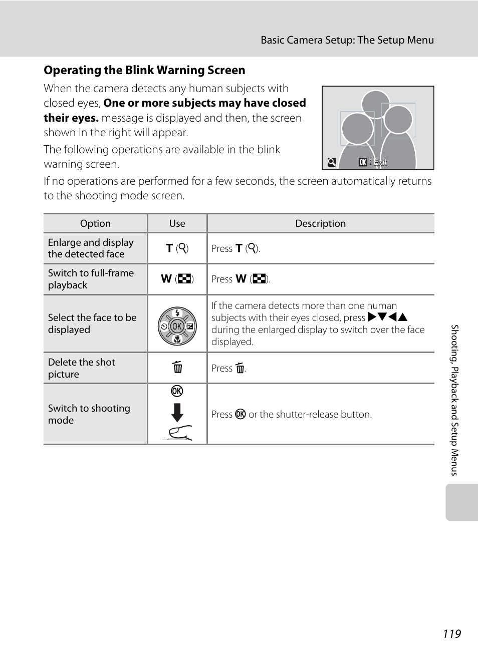 A 119), Operating the blink warning screen | Nikon S550 User Manual | Page 131 / 164