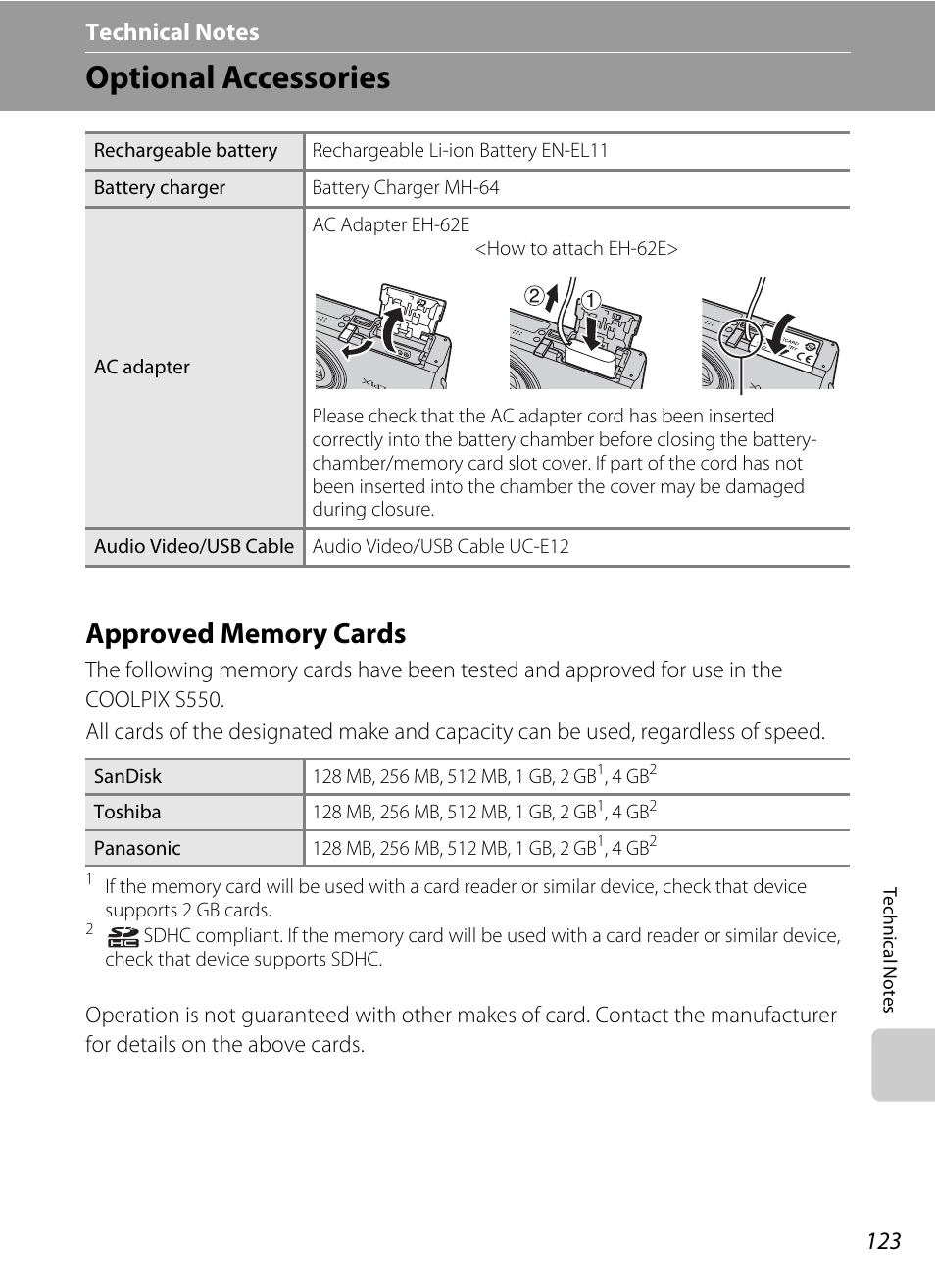 Technical notes, Optional accessories, Approved memory cards | A 123) do not | Nikon S550 User Manual | Page 135 / 164