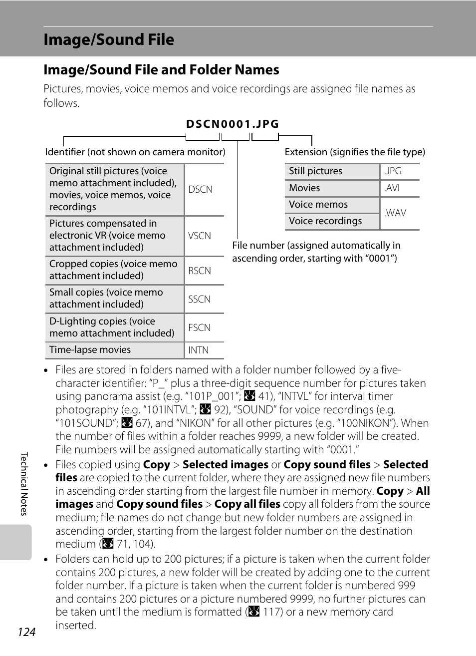 Image/sound file, Image/sound file and folder names, A 124) f | A 124). th, And “image/sound file and folder names” (a 124), A 124) for mor, A 124) fr | Nikon S550 User Manual | Page 136 / 164