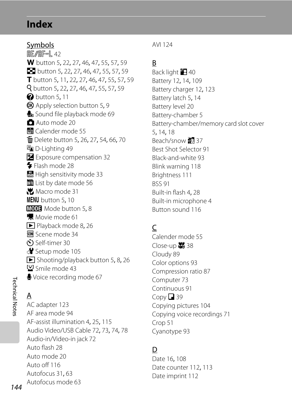 Index | Nikon S550 User Manual | Page 156 / 164
