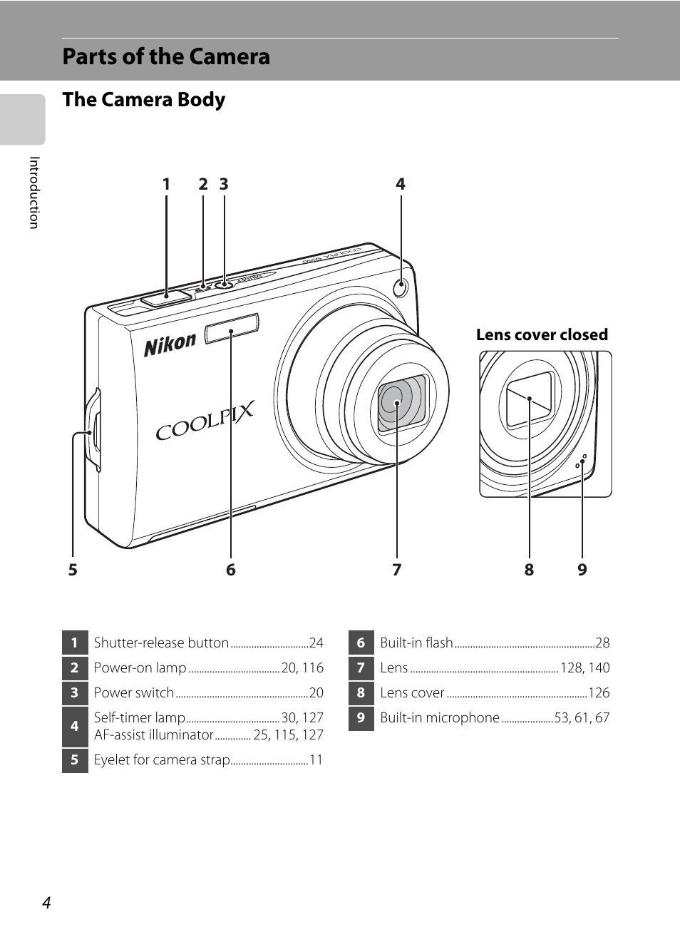 Parts of the camera, The camera body | Nikon S550 User Manual | Page 16 / 164