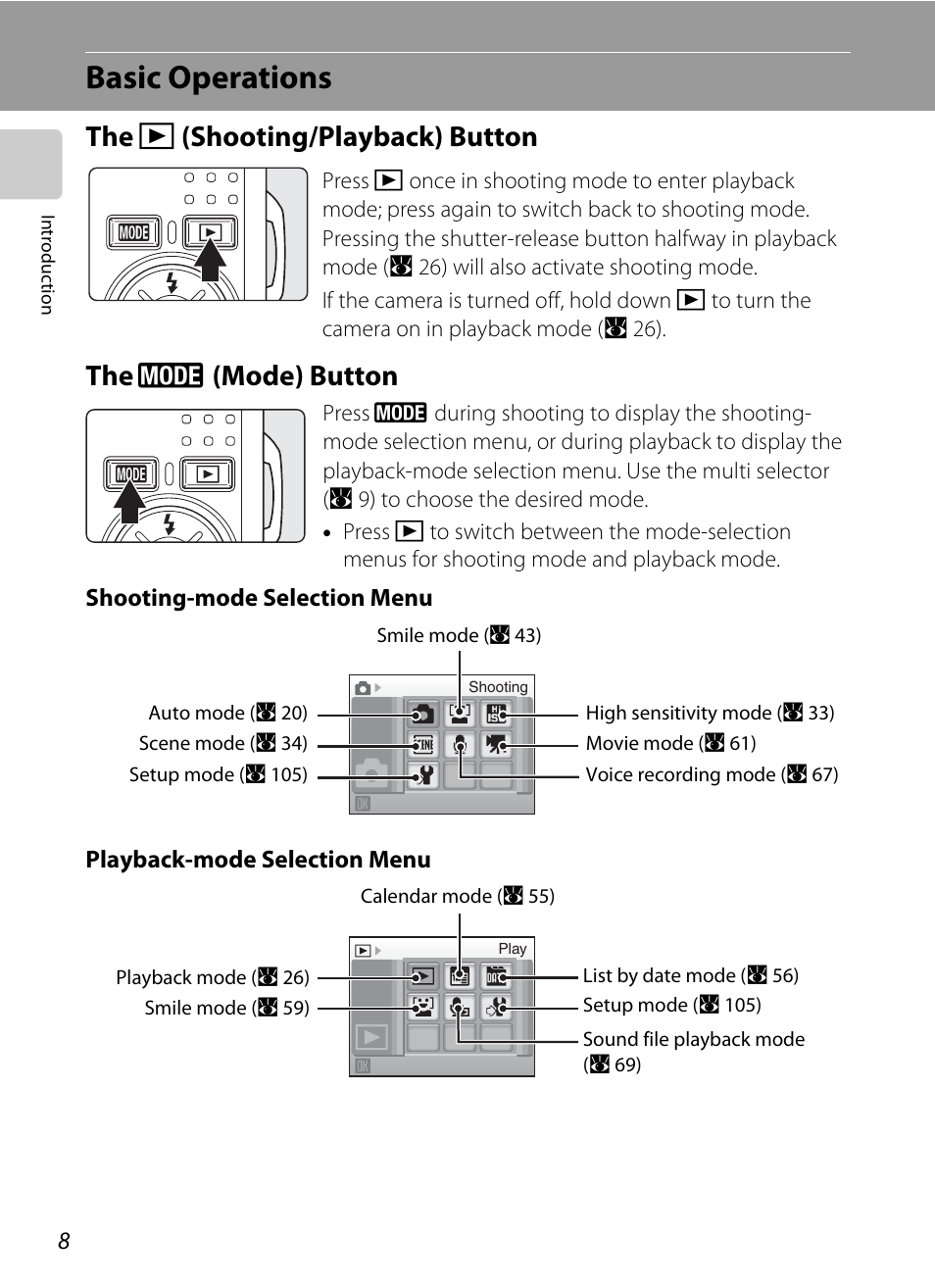 Basic operations, The (shooting/playback) button, The (mode) button | C (shooting/playback) button, E (mode) button | Nikon S550 User Manual | Page 20 / 164
