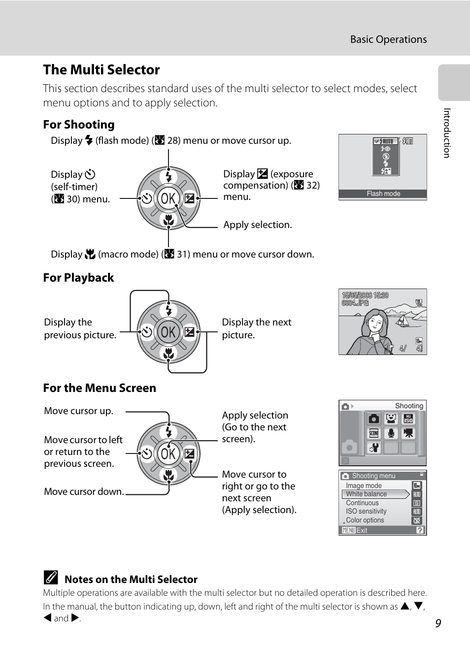 The multi selector, A 9) t, For shooting for playback for the menu screen | Nikon S550 User Manual | Page 21 / 164
