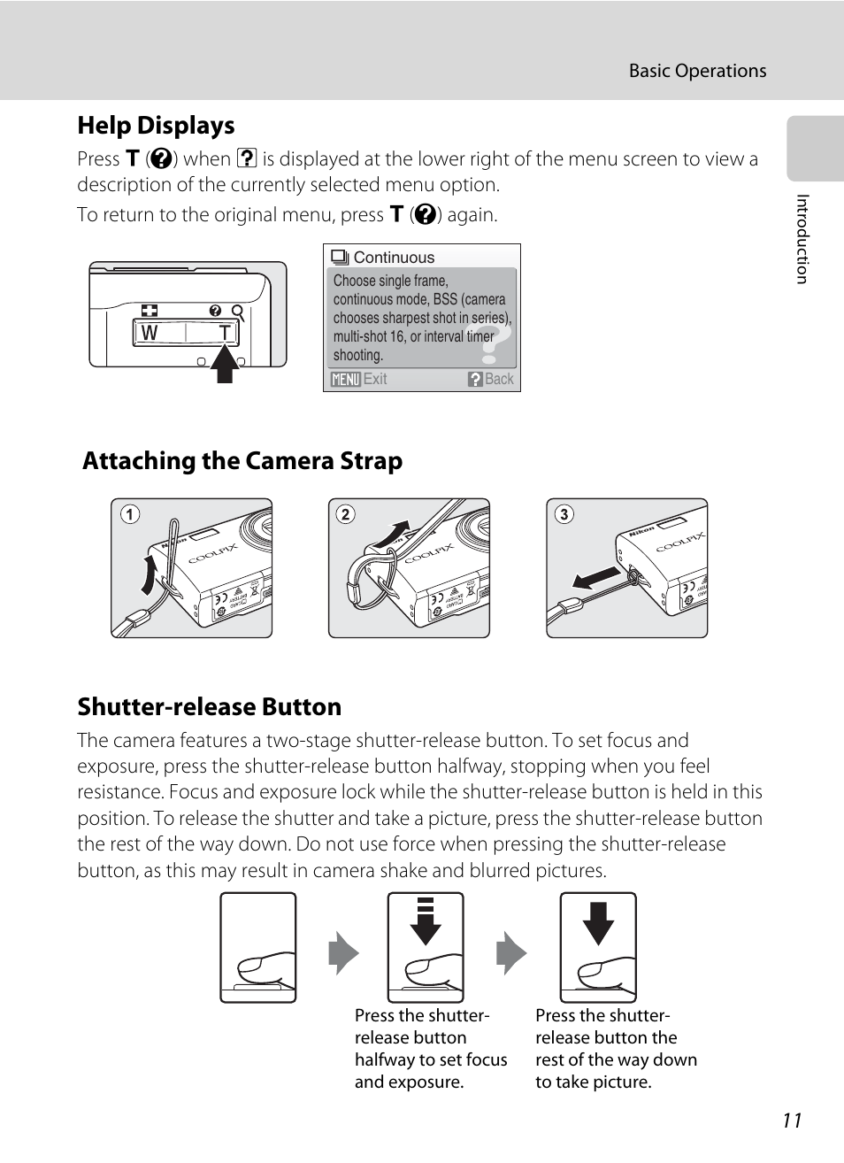 Help displays, Attaching the camera strap, Shutter-release button | Nikon S550 User Manual | Page 23 / 164