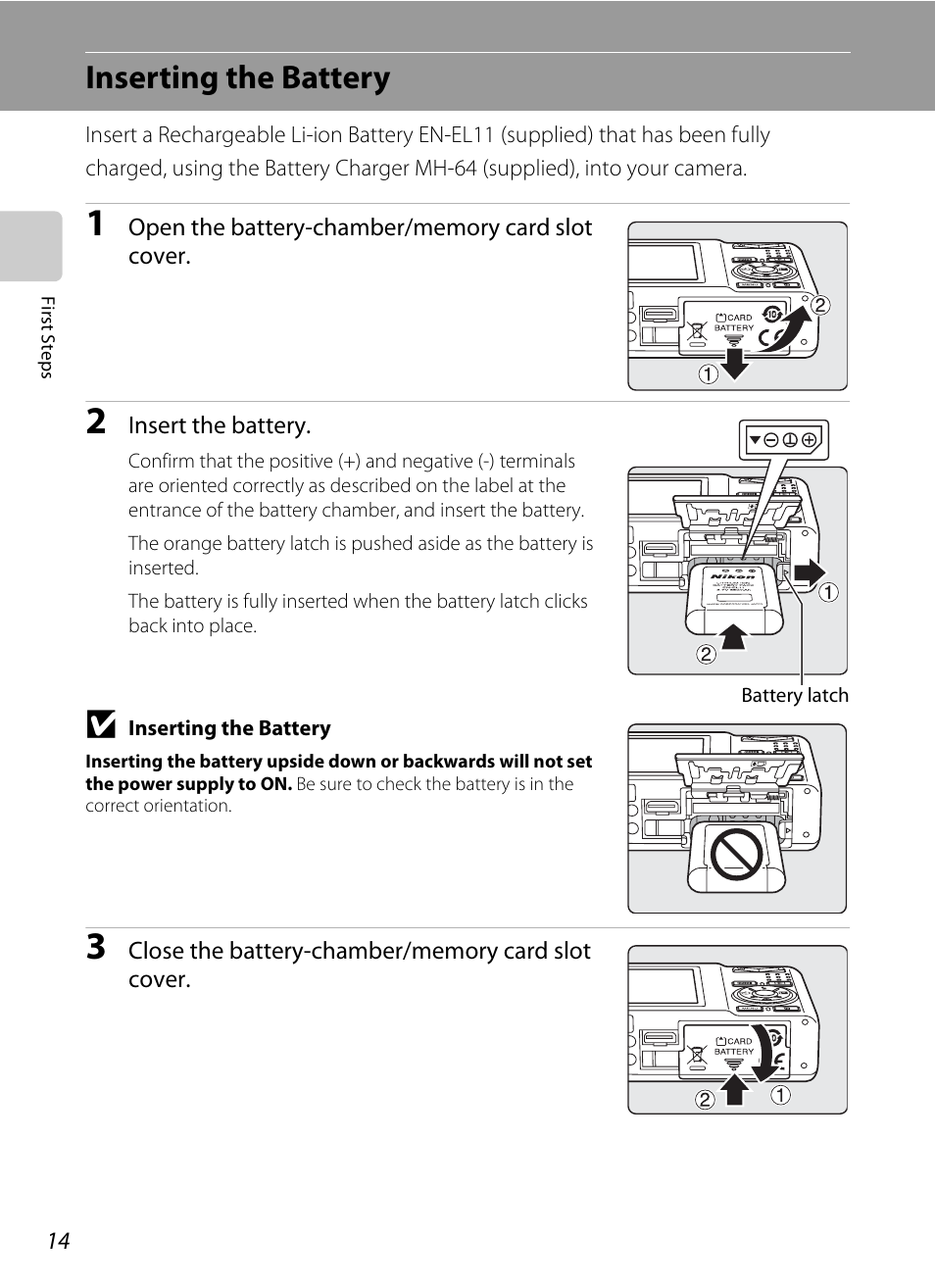 Inserting the battery | Nikon S550 User Manual | Page 26 / 164