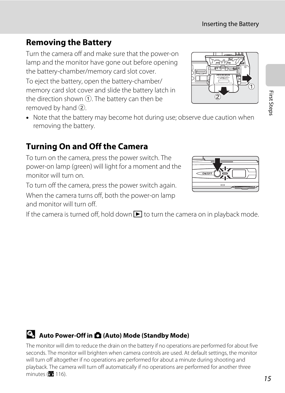 Removing the battery, Turning on and off the camera, Removing the battery turning on and off the camera | Nikon S550 User Manual | Page 27 / 164