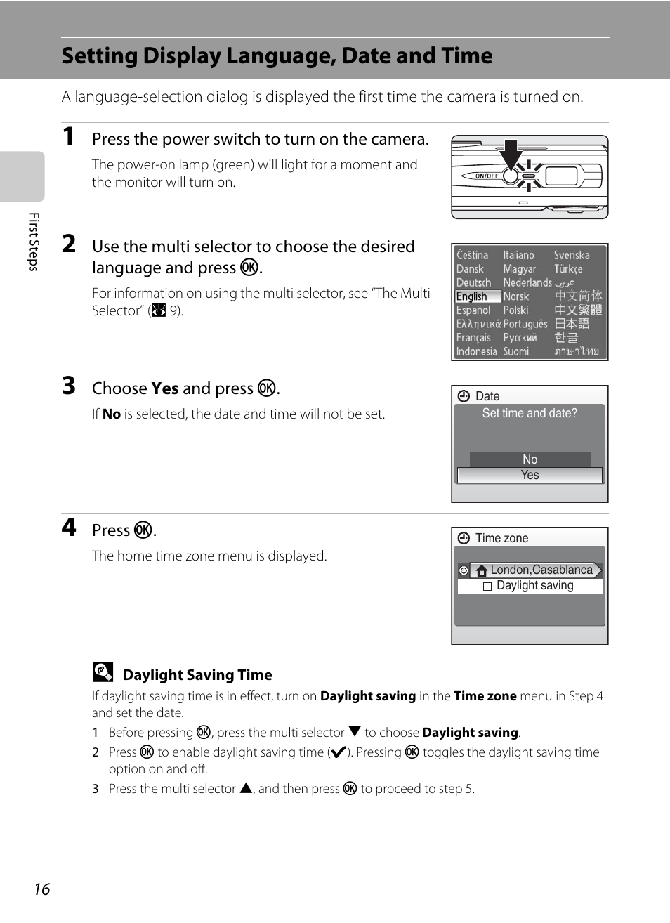 Setting display language, date and time | Nikon S550 User Manual | Page 28 / 164
