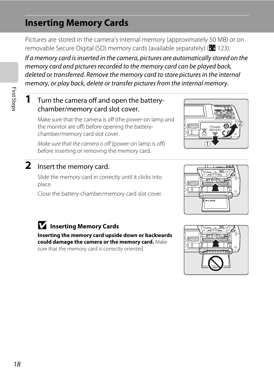 Inserting memory cards | Nikon S550 User Manual | Page 30 / 164