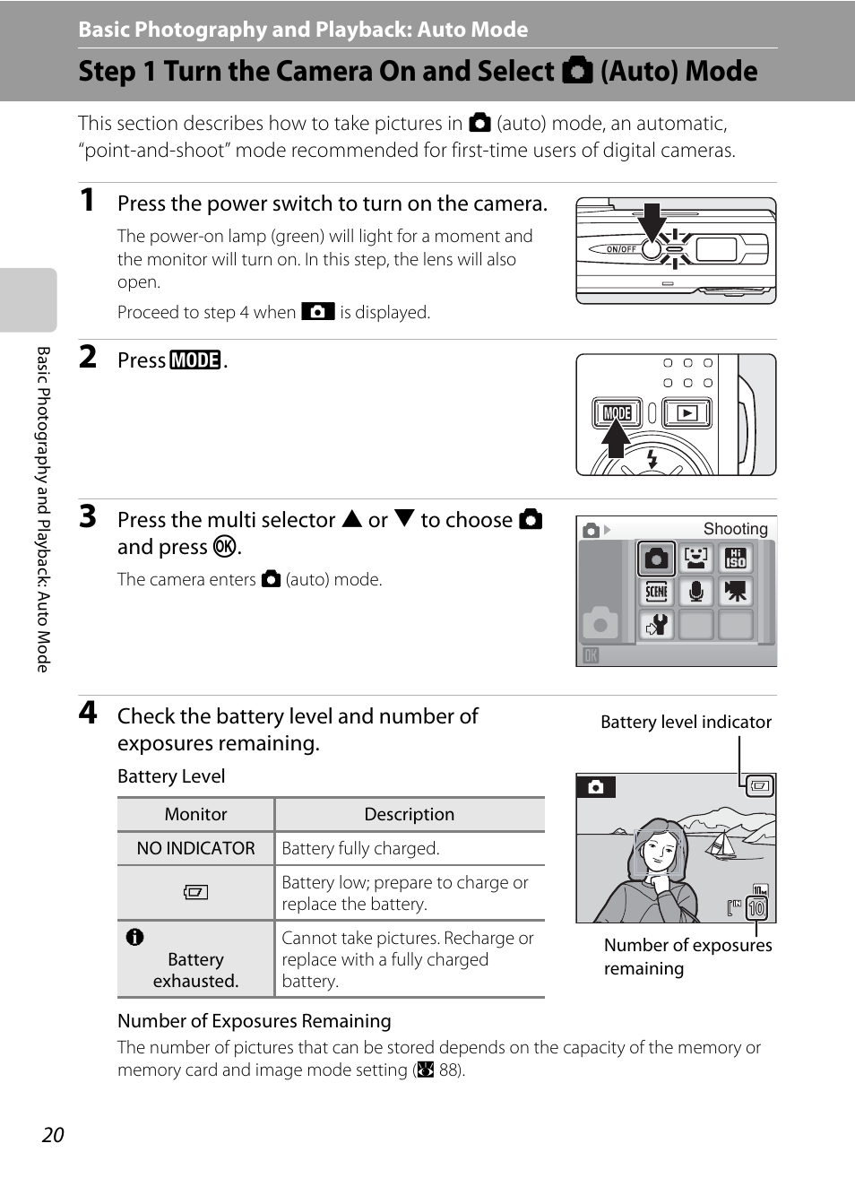 Basic photography and playback: auto mode, Step 1 turn the camera on and select (auto) mode, A basic photography and playback: auto mode | Step 1 turn the camera on and select a (auto) mode, A 20) | Nikon S550 User Manual | Page 32 / 164