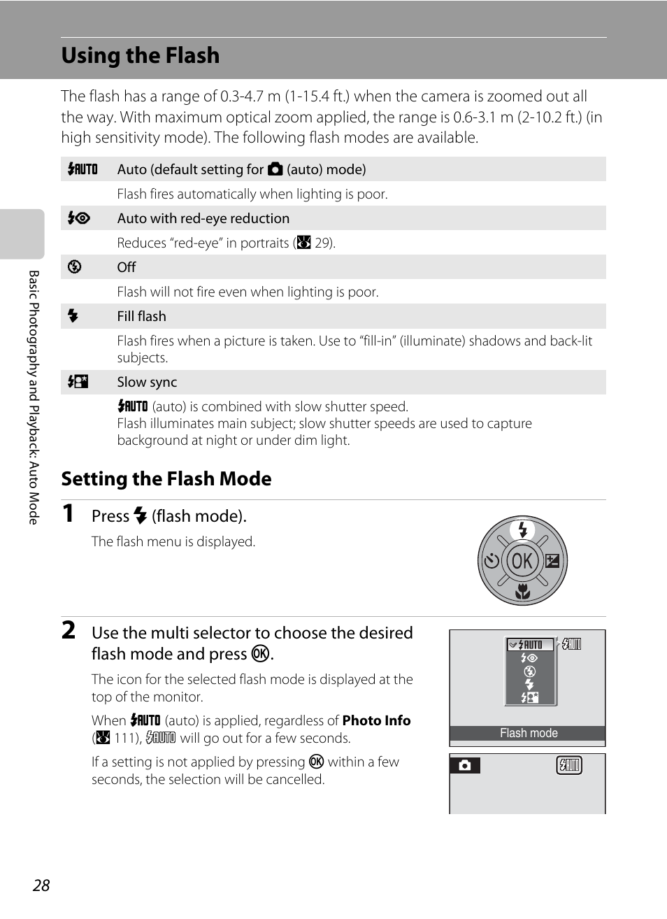 Using the flash, Setting the flash mode, A 28) menu | A 28) and se, A 28) is set | Nikon S550 User Manual | Page 40 / 164