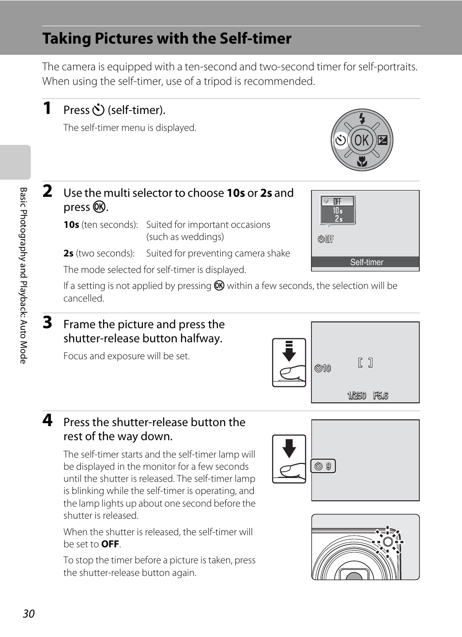 Taking pictures with the self-timer, A 30) menu, A 30). pr | Nikon S550 User Manual | Page 42 / 164