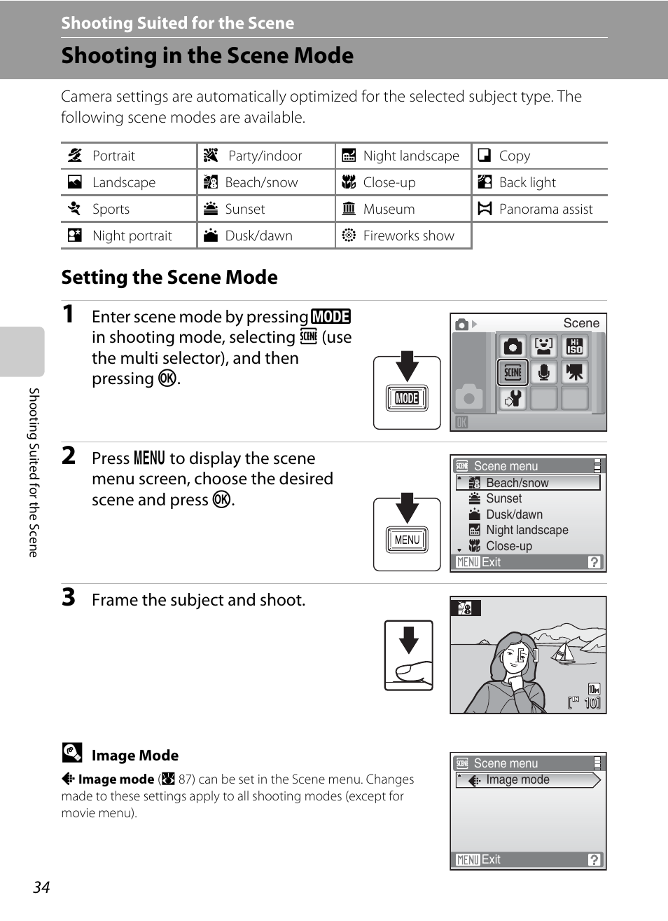 Shooting suited for the scene, Shooting in the scene mode, Setting the scene mode | C shooting suited for the scene, A 34) | Nikon S550 User Manual | Page 46 / 164