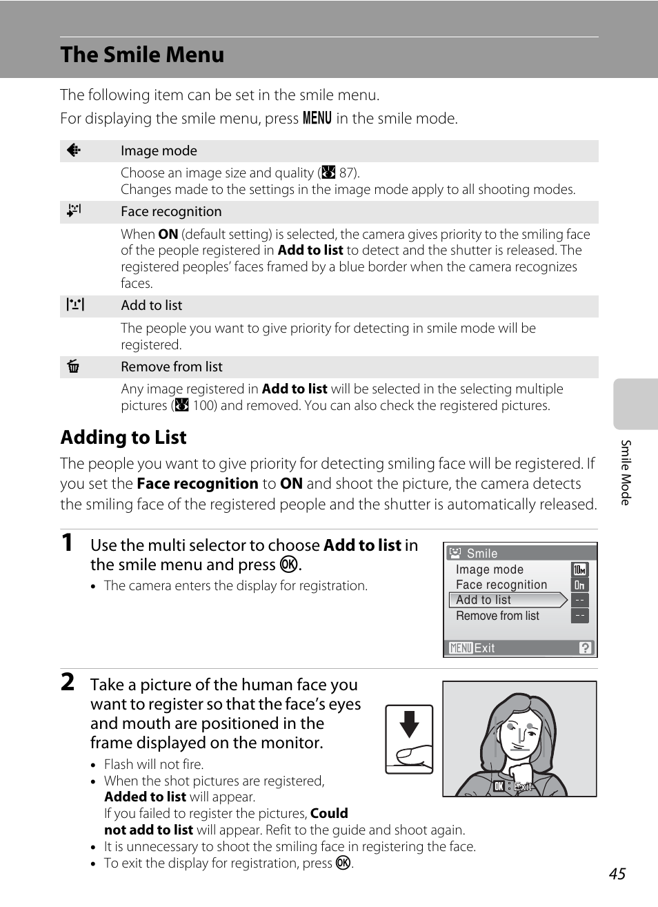 The smile menu, Adding to list, A 45) | Nikon S550 User Manual | Page 57 / 164