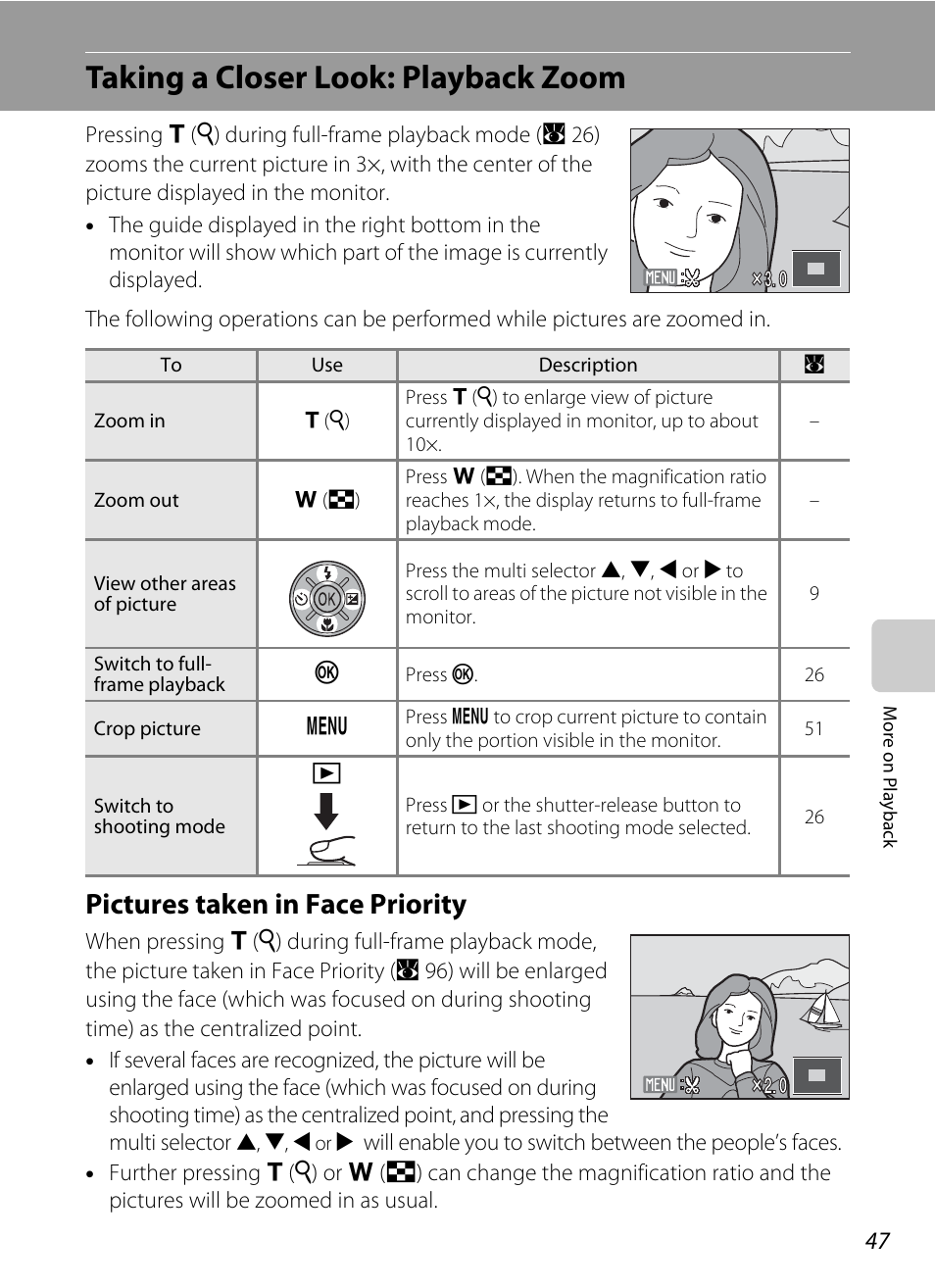 Taking a closer look: playback zoom, Pictures taken in face priority | Nikon S550 User Manual | Page 59 / 164