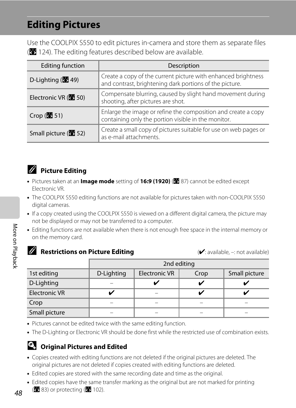 Editing pictures | Nikon S550 User Manual | Page 60 / 164