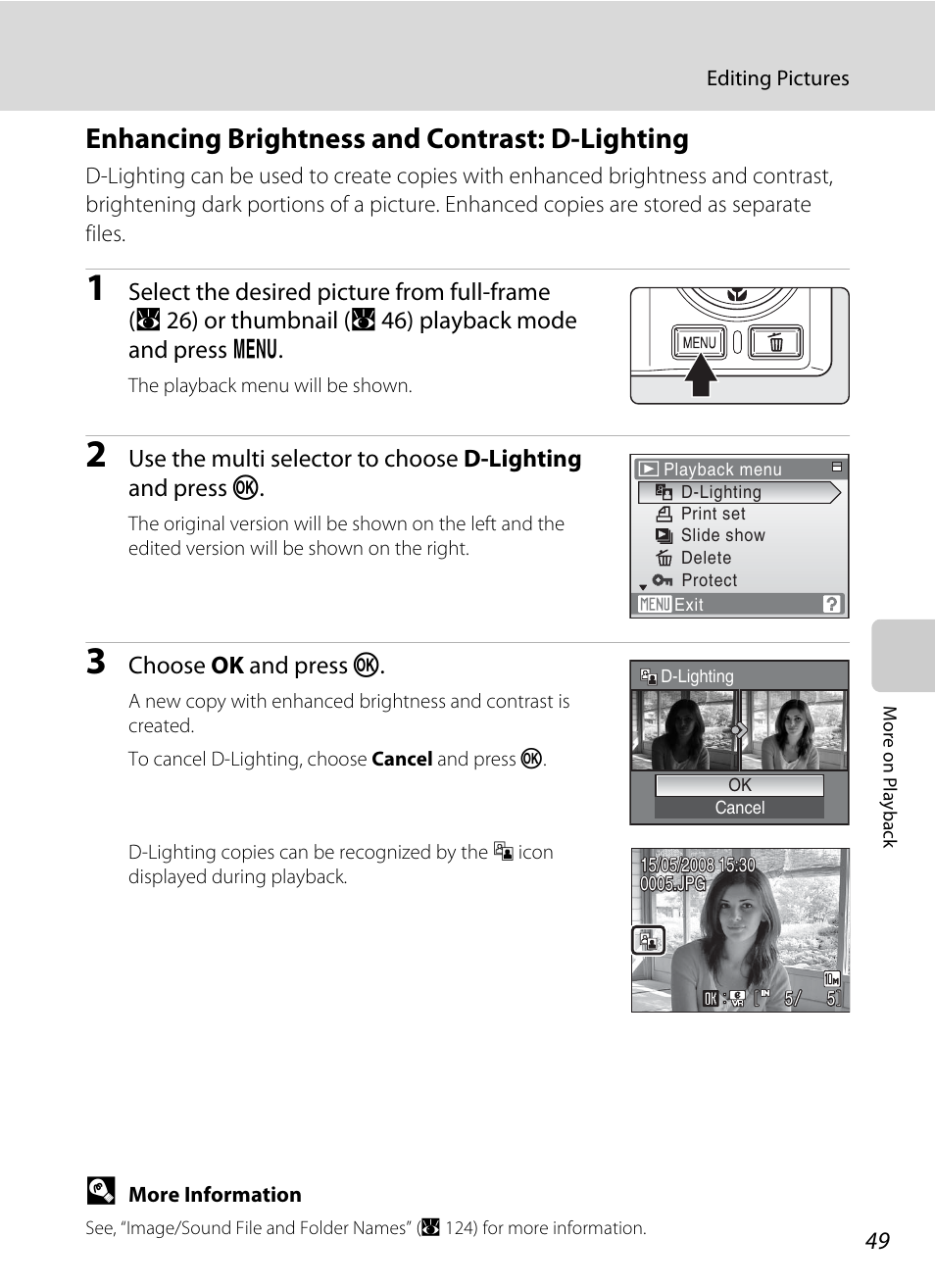 Enhancing brightness and contrast: d-lighting, Lighting, A 49) | Nikon S550 User Manual | Page 61 / 164