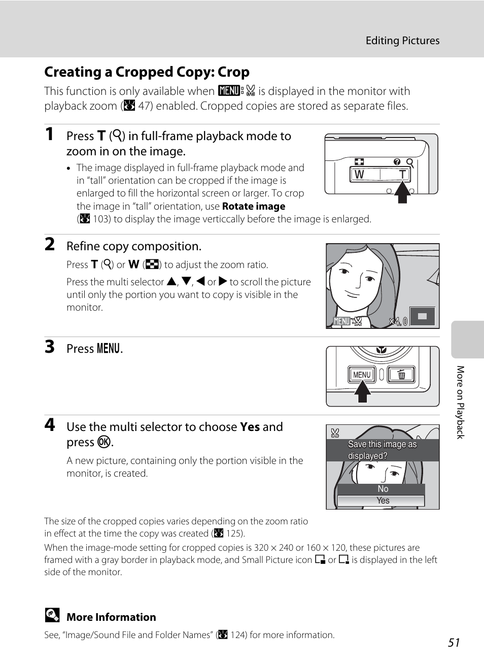 Creating a cropped copy: crop, A 51) | Nikon S550 User Manual | Page 63 / 164