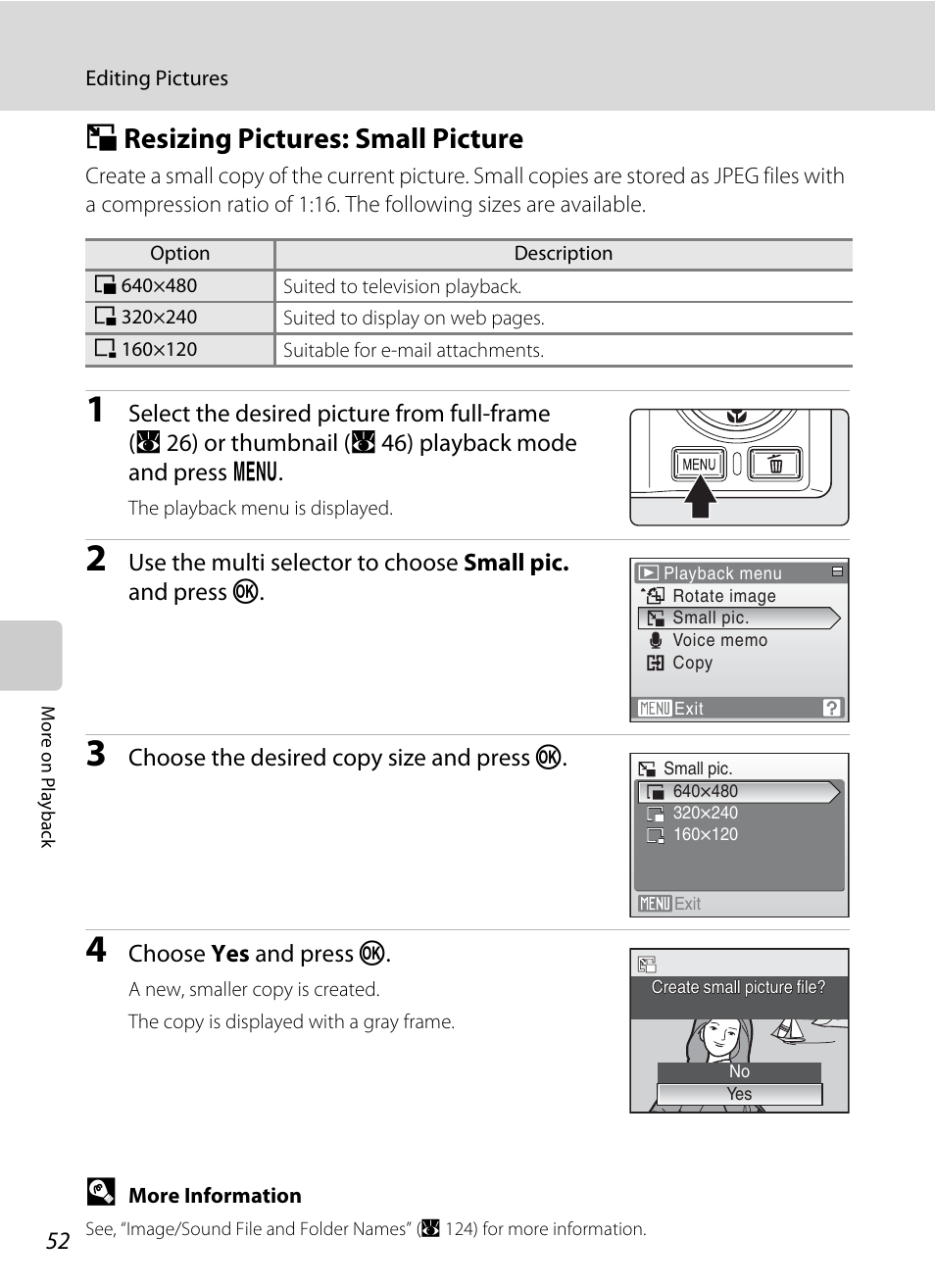 Resizing pictures: small picture, G resizing pictures: small picture, A 52) | Nikon S550 User Manual | Page 64 / 164