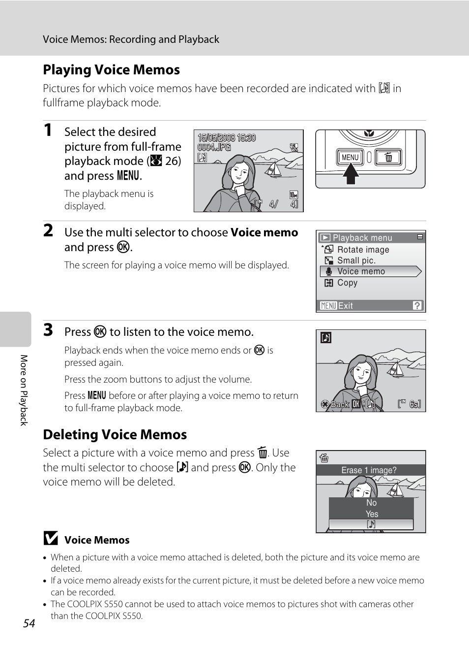 Playing voice memos, Deleting voice memos, Playing voice memos deleting voice memos | A 54) to | Nikon S550 User Manual | Page 66 / 164