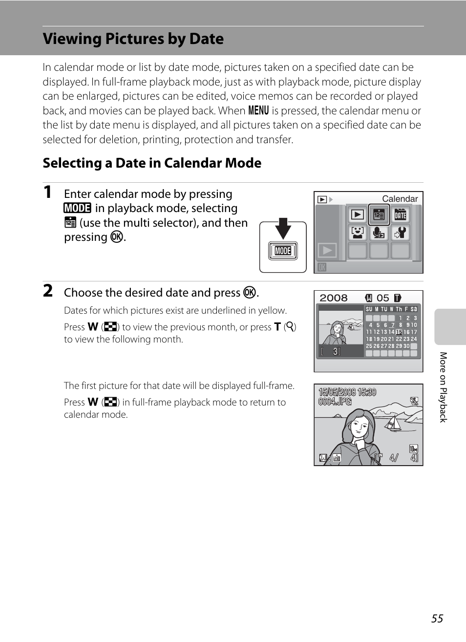Viewing pictures by date, Selecting a date in calendar mode, A 55) | Nikon S550 User Manual | Page 67 / 164