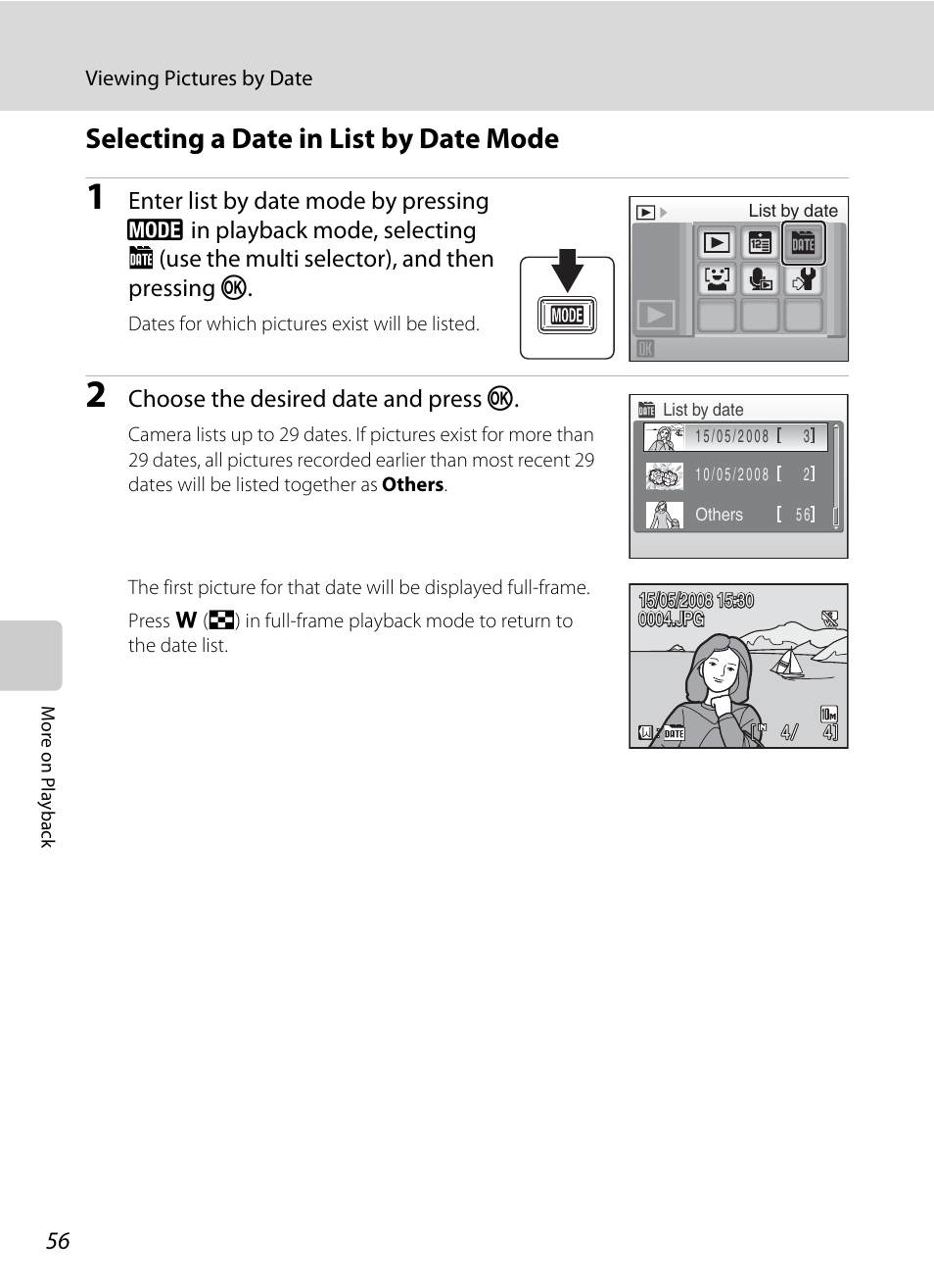 Selecting a date in list by date mode, A 56), Choose the desired date and press k | Nikon S550 User Manual | Page 68 / 164