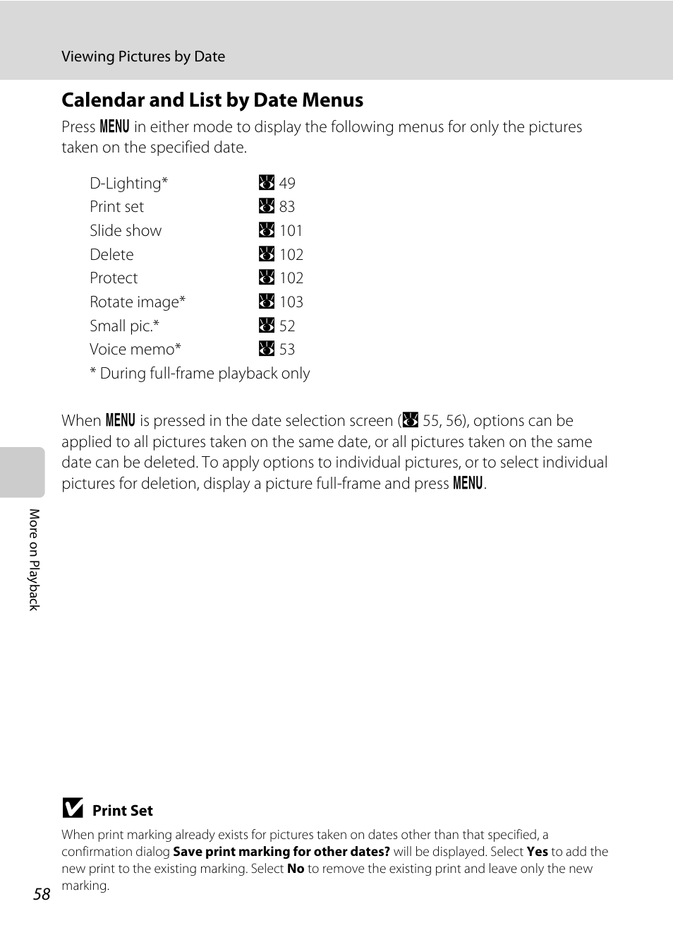 Calendar and list by date menus | Nikon S550 User Manual | Page 70 / 164