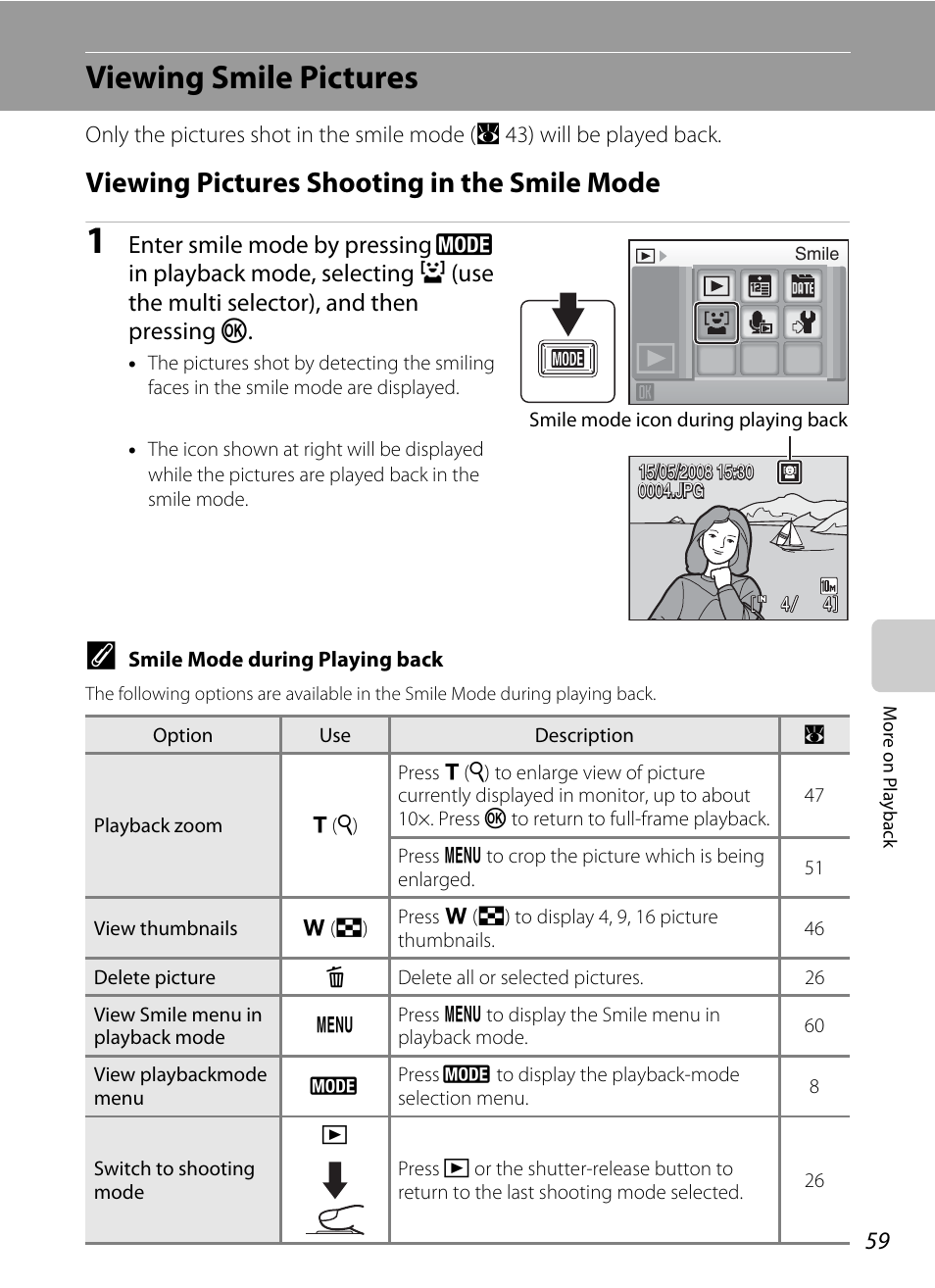 Viewing smile pictures, Viewing pictures shooting in the smile mode, A 59 | E “viewing smile pictures, A 59) f | Nikon S550 User Manual | Page 71 / 164