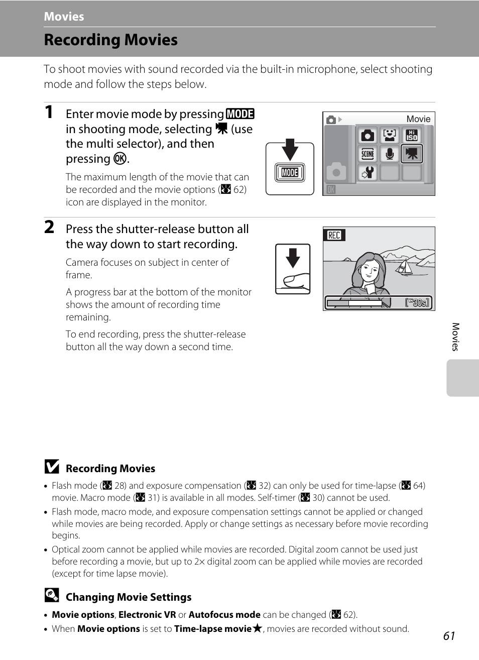 Movies, Recording movies, D movies | A 61) | Nikon S550 User Manual | Page 73 / 164