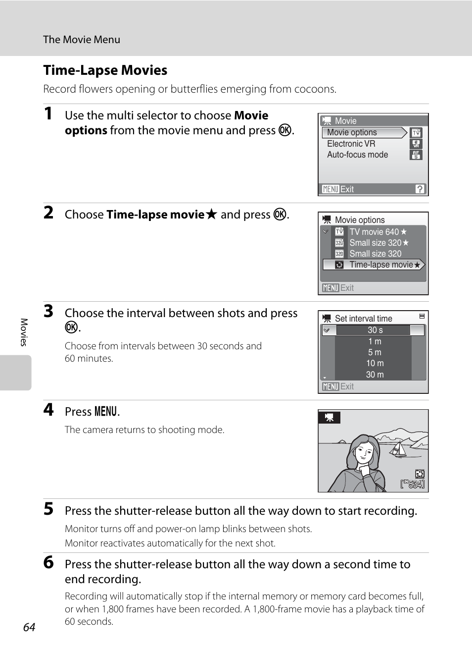 Time-lapse movies, A 64) | Nikon S550 User Manual | Page 76 / 164