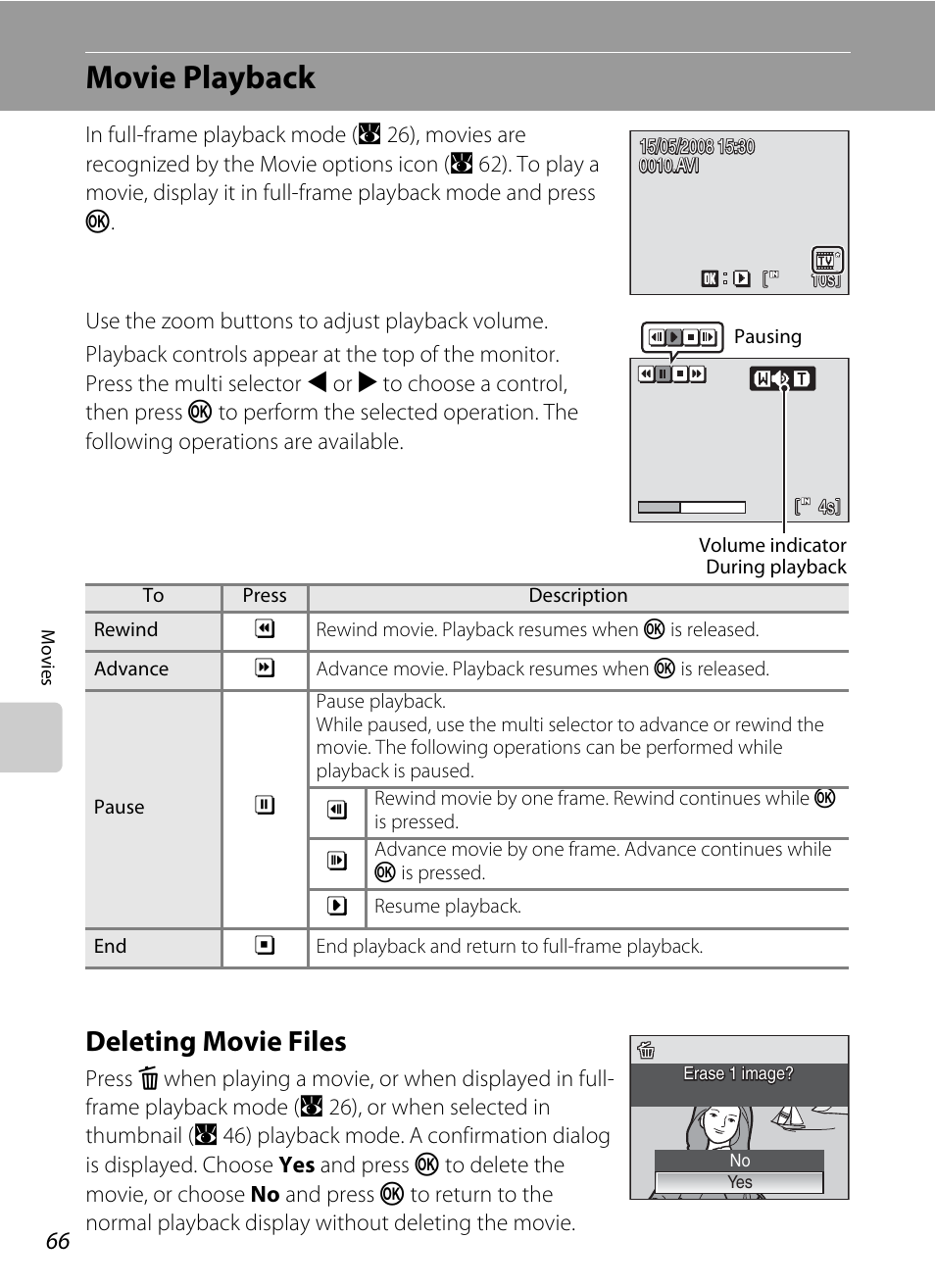 Movie playback, Deleting movie files | Nikon S550 User Manual | Page 78 / 164