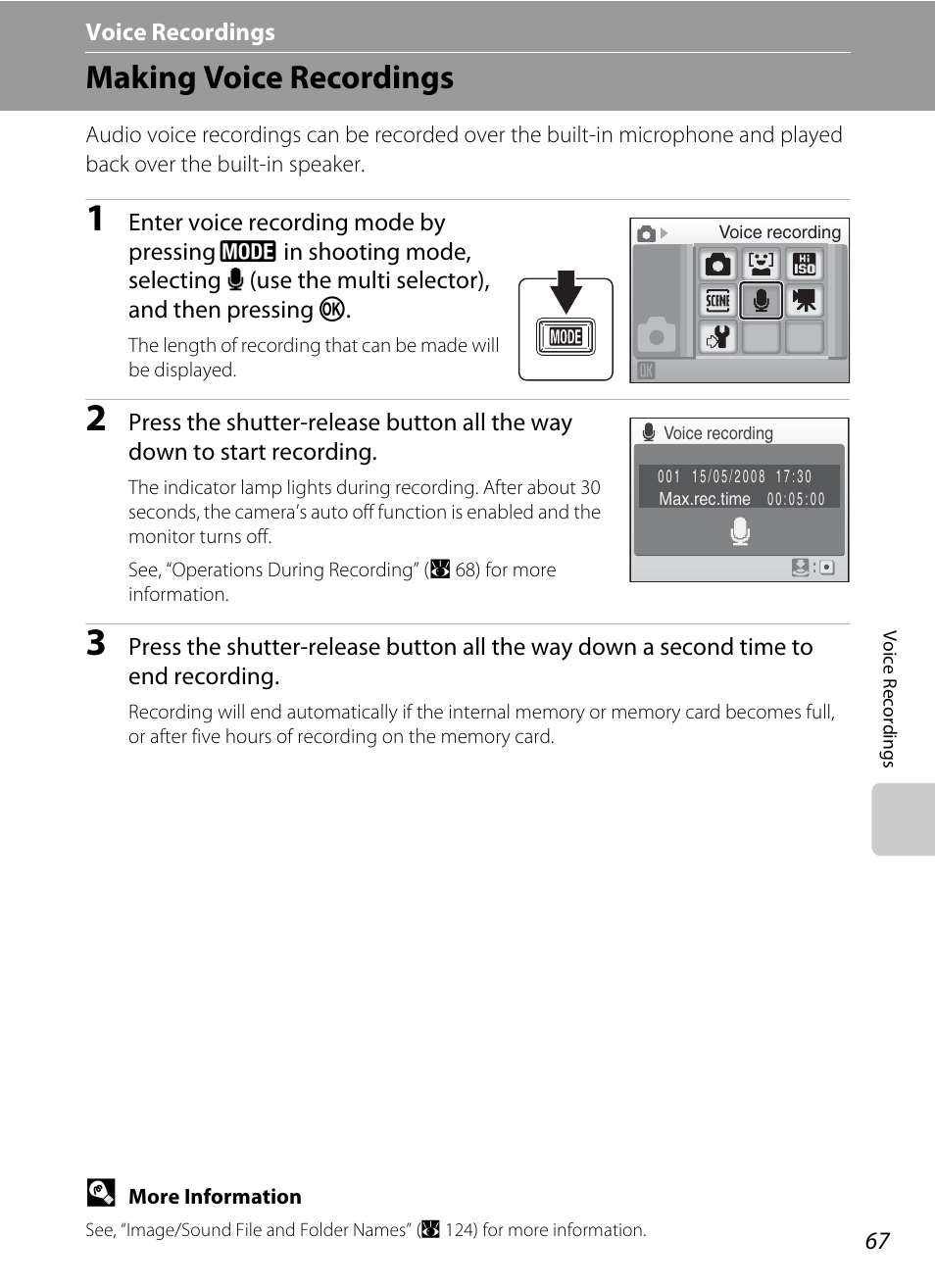 Voice recordings, Making voice recordings, E voice recordings | A 67), A 67) or | Nikon S550 User Manual | Page 79 / 164