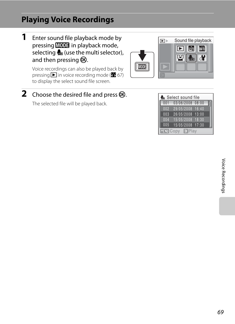 Playing voice recordings, A 69), Mode (a 69 | Nikon S550 User Manual | Page 81 / 164