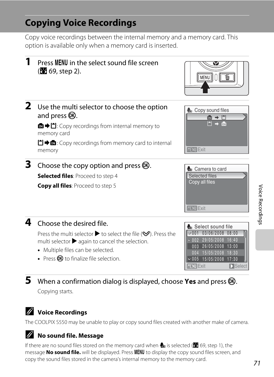 Copying voice recordings | Nikon S550 User Manual | Page 83 / 164