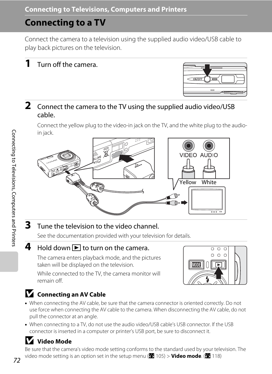 Connecting to televisions, computers and printers, Connecting to a tv | Nikon S550 User Manual | Page 84 / 164