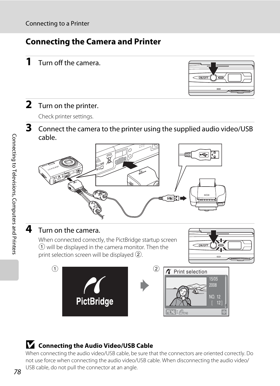 Connecting the camera and printer, A 78) | Nikon S550 User Manual | Page 90 / 164