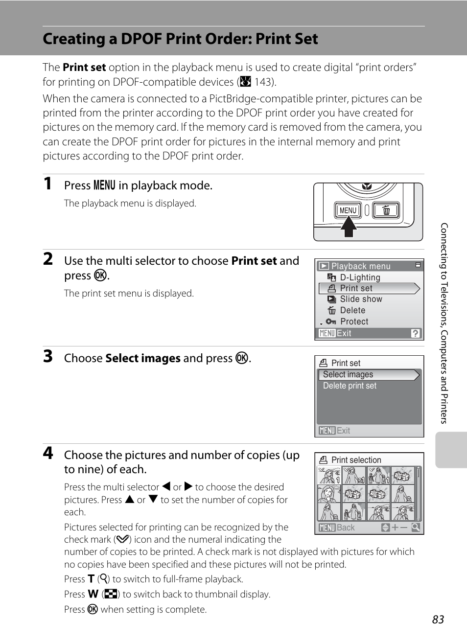Creating a dpof print order: print set, A 83), A 83) or protecting | A 83 | Nikon S550 User Manual | Page 95 / 164