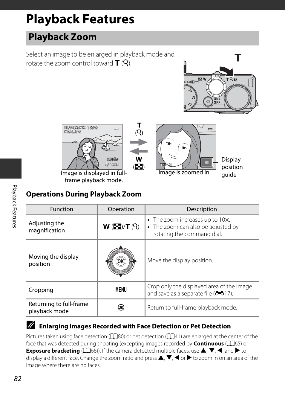 Playback features, Playback zoom, A82) | Operations during playback zoom | Nikon P330 User Manual | Page 100 / 252