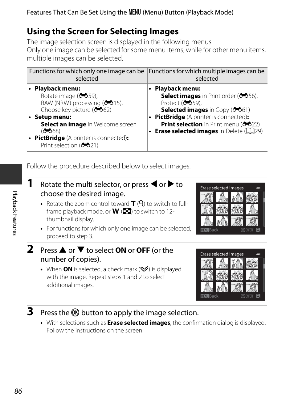 Using the screen for selecting images, See “using the screen for selecting images, A86) for | Nikon P330 User Manual | Page 104 / 252