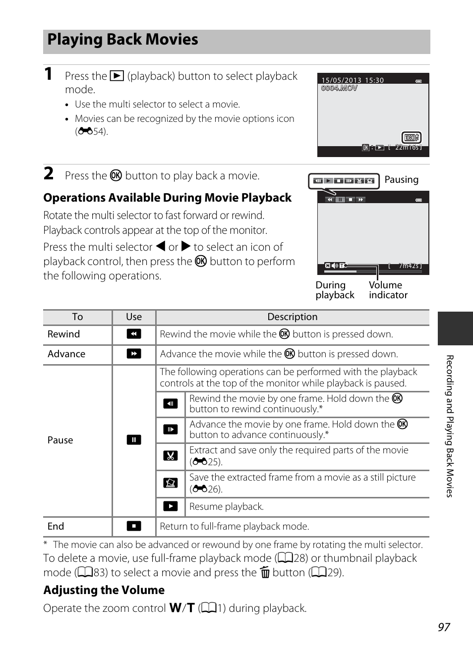 Playing back movies, Operations available during movie playback, Adjusting the volume | Nikon P330 User Manual | Page 115 / 252